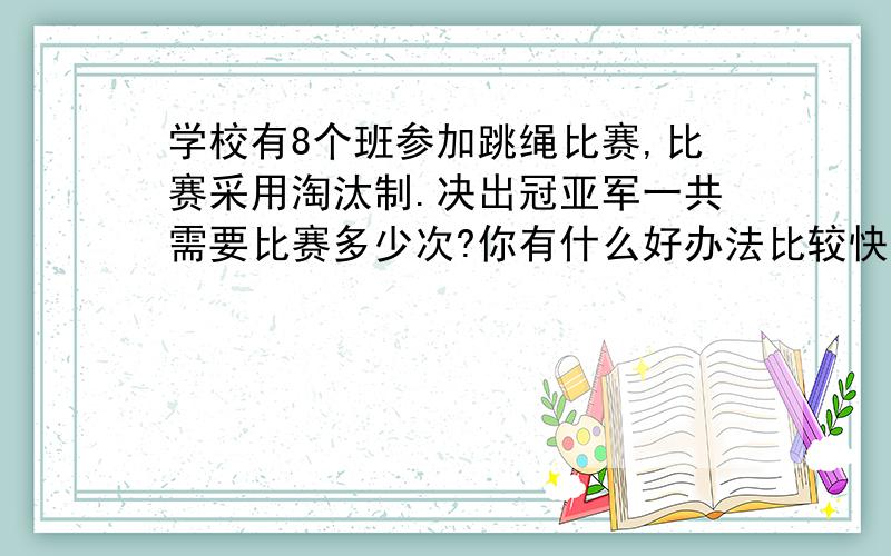 学校有8个班参加跳绳比赛,比赛采用淘汰制.决出冠亚军一共需要比赛多少次?你有什么好办法比较快的算出来