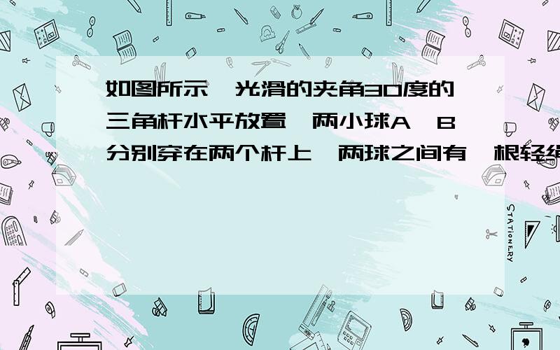 如图所示,光滑的夹角30度的三角杆水平放置,两小球A,B分别穿在两个杆上,两球之间有一根轻绳连接两球,现用力将小球B缓慢