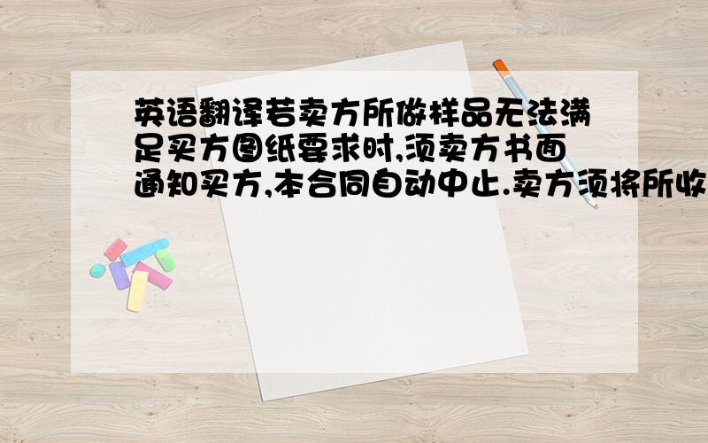 英语翻译若卖方所做样品无法满足买方图纸要求时,须卖方书面通知买方,本合同自动中止.卖方须将所收到的30%合同金额预收款於