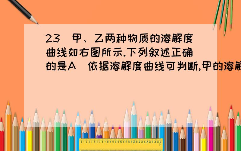 23．甲、乙两种物质的溶解度曲线如右图所示.下列叙述正确的是A．依据溶解度曲线可判断,甲的溶解度比乙的大 B．