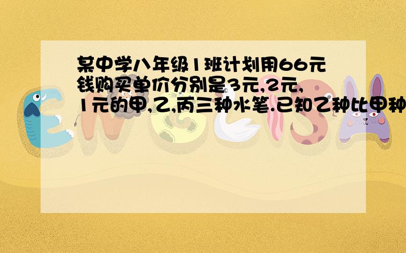 某中学八年级1班计划用66元钱购买单价分别是3元,2元,1元的甲,乙,丙三种水笔.已知乙种比甲种多2支...