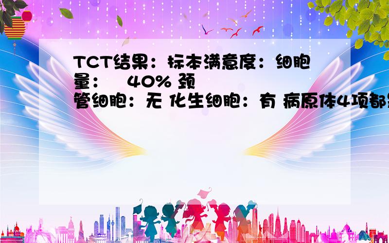 TCT结果：标本满意度：细胞量：›40% 颈管细胞：无 化生细胞：有 病原体4项都是：无