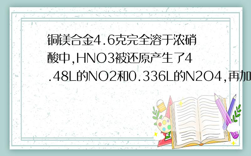 铜镁合金4.6克完全溶于浓硝酸中,HNO3被还原产生了4.48L的NO2和0.336L的N2O4,再加入NaOH过量,求