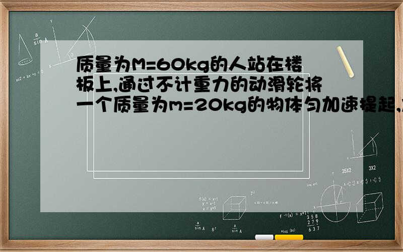 质量为M=60kg的人站在楼板上,通过不计重力的动滑轮将一个质量为m=20kg的物体匀加速提起,加速度a=2m/s,