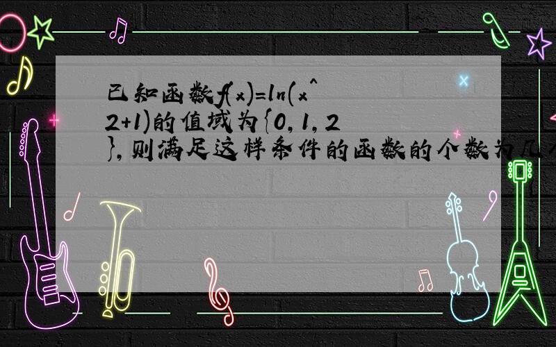 已知函数f(x)=ln(x^2+1)的值域为{0,1,2},则满足这样条件的函数的个数为几个,答案是九个,求详解,