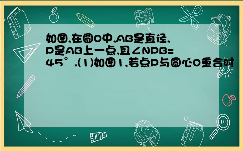 如图,在圆O中,AB是直径,P是AB上一点,且∠NPB=45°.(1)如图1,若点P与圆心O重合时