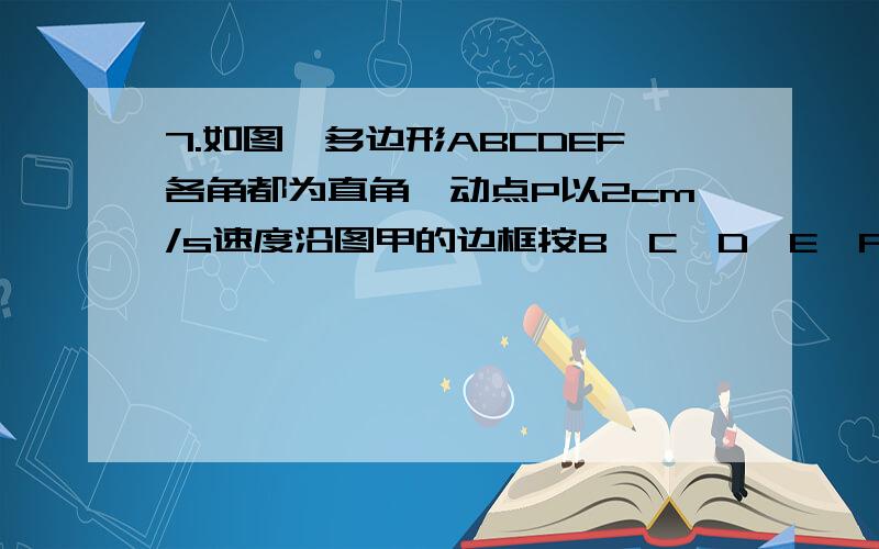 7.如图,多边形ABCDEF各角都为直角,动点P以2cm/s速度沿图甲的边框按B→C→D→E→F→A的路径移动,相应的