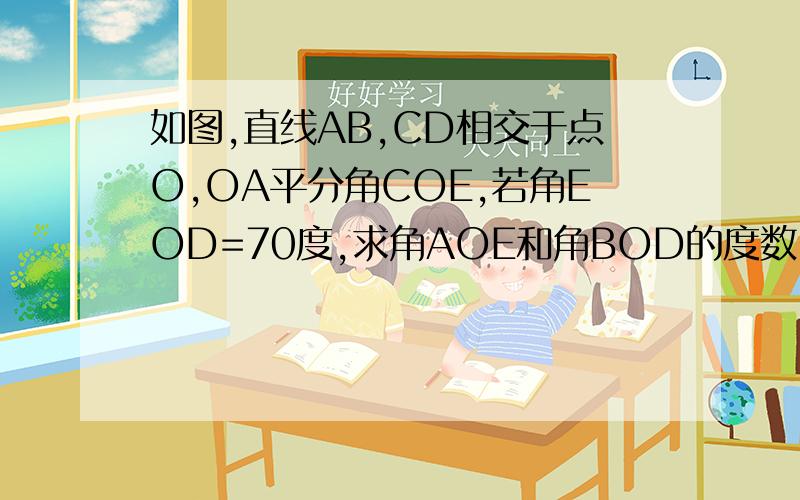 如图,直线AB,CD相交于点O,OA平分角COE,若角EOD=70度,求角AOE和角BOD的度数.