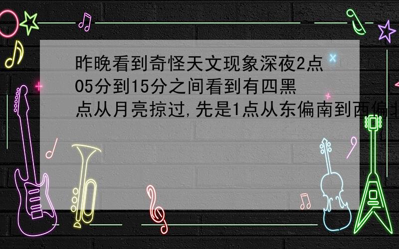 昨晚看到奇怪天文现象深夜2点05分到15分之间看到有四黑点从月亮掠过,先是1点从东偏南到西偏北,形状1X2的点;再是两点