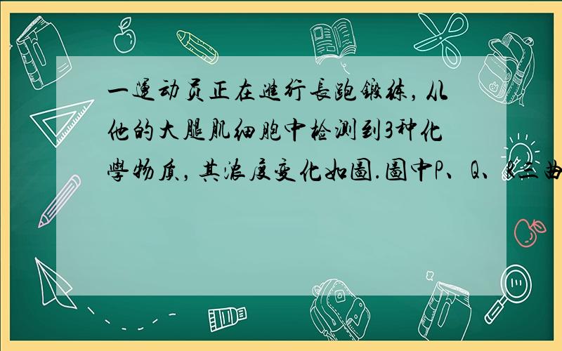 一运动员正在进行长跑锻练，从他的大腿肌细胞中检测到3种化学物质，其浓度变化如图.图中P、Q、R三曲线依次代表（　　）