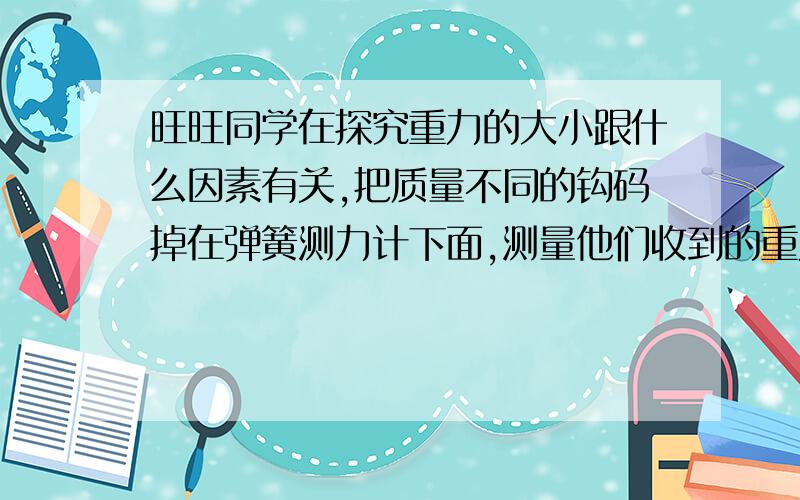 旺旺同学在探究重力的大小跟什么因素有关,把质量不同的钩码掉在弹簧测力计下面,测量他们收到的重力