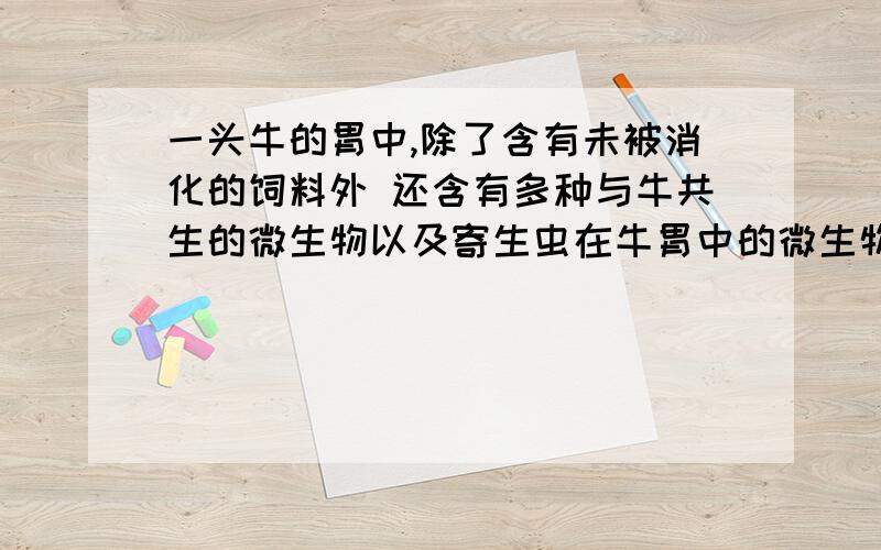 一头牛的胃中,除了含有未被消化的饲料外 还含有多种与牛共生的微生物以及寄生虫在牛胃中的微生物.头牛的胃在生态系统学上可以