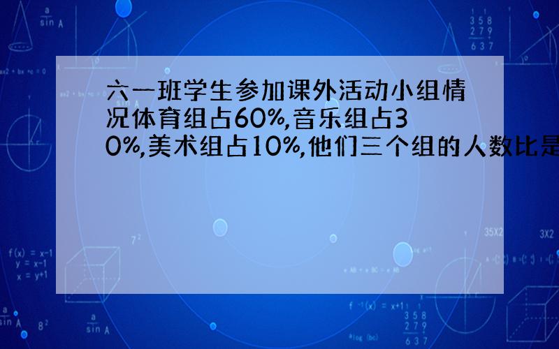 六一班学生参加课外活动小组情况体育组占60%,音乐组占30%,美术组占10%,他们三个组的人数比是多少?