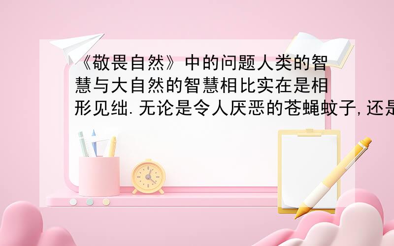 《敬畏自然》中的问题人类的智慧与大自然的智慧相比实在是相形见绌.无论是令人厌恶的苍蝇蚊子,还是美丽可人的鲜花绿草；无论是