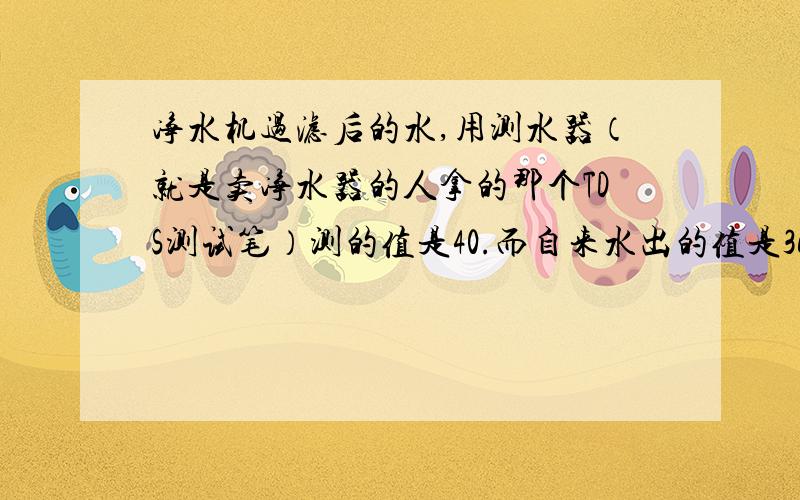 净水机过滤后的水,用测水器（就是卖净水器的人拿的那个TDS测试笔）测的值是40.而自来水出的值是360.