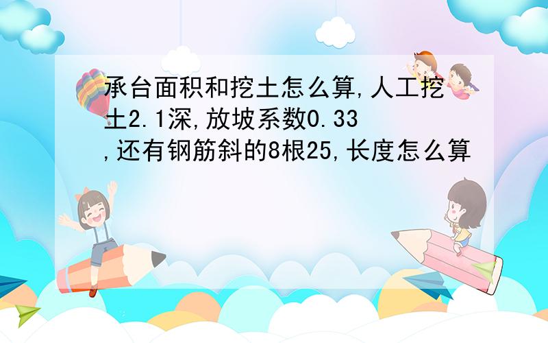 承台面积和挖土怎么算,人工挖土2.1深,放坡系数0.33,还有钢筋斜的8根25,长度怎么算