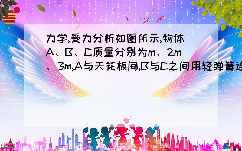 力学,受力分析如图所示,物体A、B、C质量分别为m、2m、3m,A与天花板间,B与C之间用轻弹簧连接,系统平衡.原题是剪