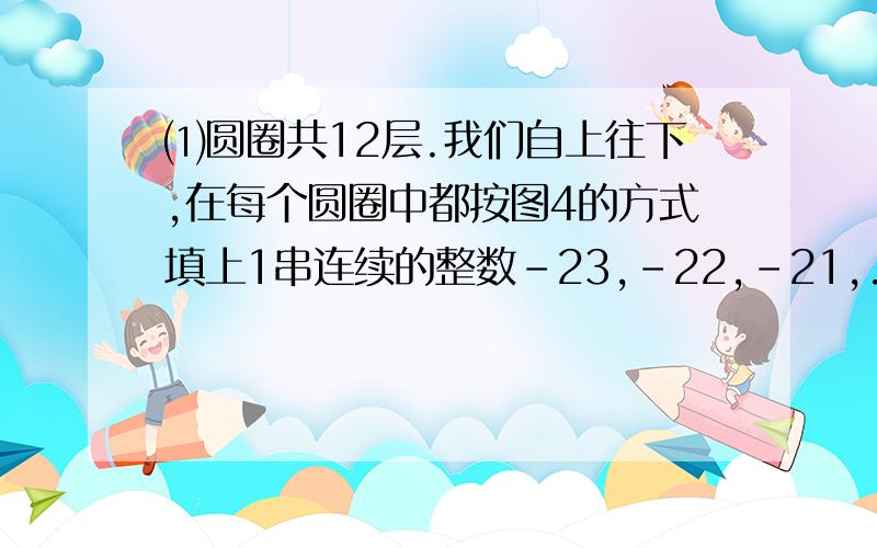 ⑴圆圈共12层.我们自上往下,在每个圆圈中都按图4的方式填上1串连续的整数-23,-22,-21,...,求图4中所有圆