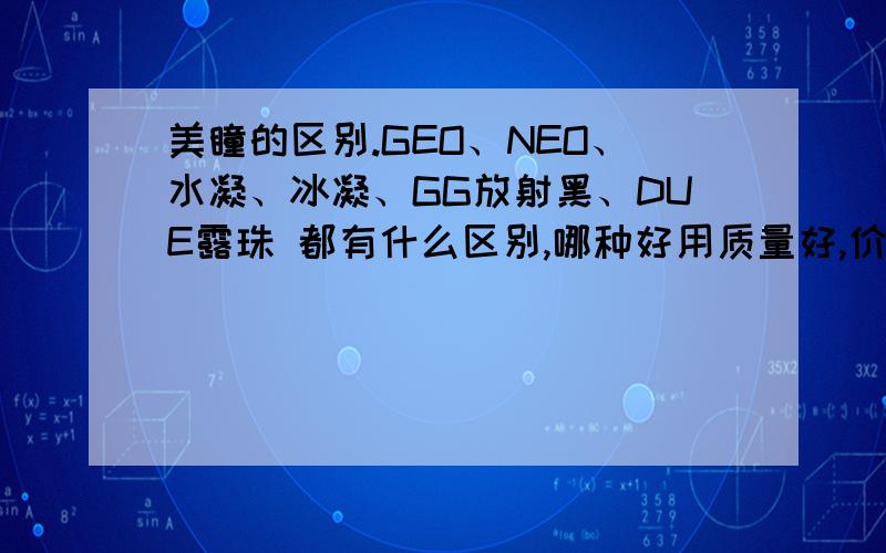 美瞳的区别.GEO、NEO、水凝、冰凝、GG放射黑、DUE露珠 都有什么区别,哪种好用质量好,价格大约多少.如果有介绍正