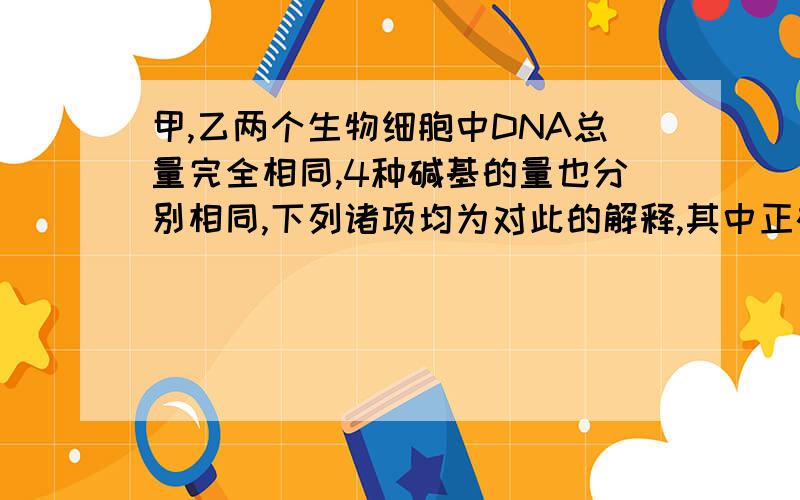 甲,乙两个生物细胞中DNA总量完全相同,4种碱基的量也分别相同,下列诸项均为对此的解释,其中正确的是（