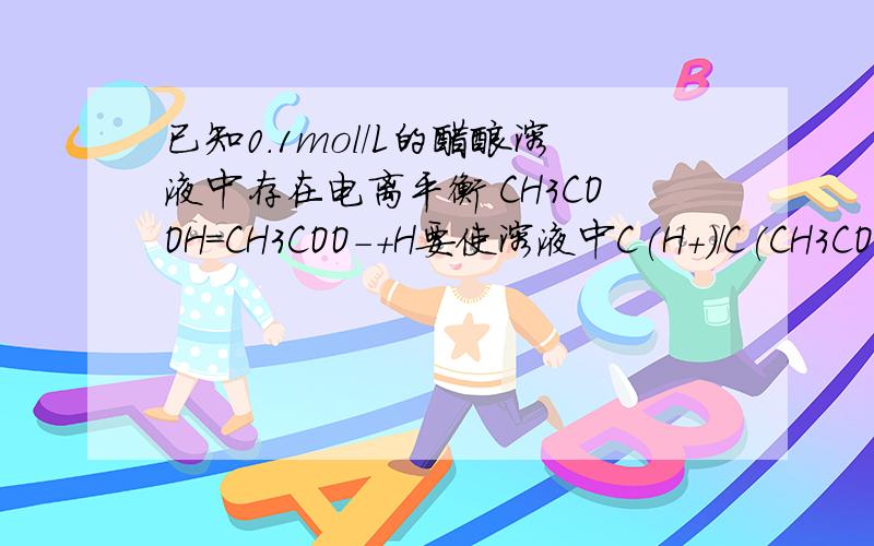 已知0.1mol/L的醋酸溶液中存在电离平衡 CH3COOH=CH3COO-+H要使溶液中C(H+)/C(CH3COOH