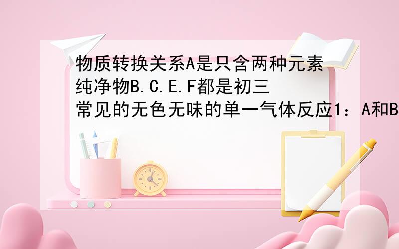 物质转换关系A是只含两种元素纯净物B.C.E.F都是初三常见的无色无味的单一气体反应1：A和B高温.生成D.E反应2：B