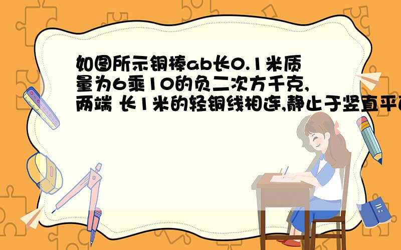 如图所示铜棒ab长0.1米质量为6乘10的负二次方千克,两端 长1米的轻铜线相连,静止于竖直平面内,整个装置处在竖直向下