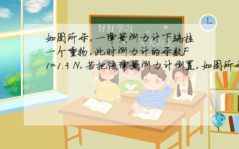 如图所示,一弹簧测力计下端挂一个重物,此时测力计的示数F1=1.3 N,若把该弹簧测力计倒置,如图所示,仍把给重物挂在测