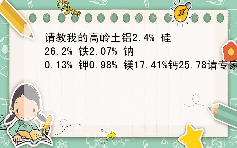 请教我的高岭土铝2.4% 硅26.2% 铁2.07% 钠0.13% 钾0.98% 镁17.41%钙25.78请专家指点,