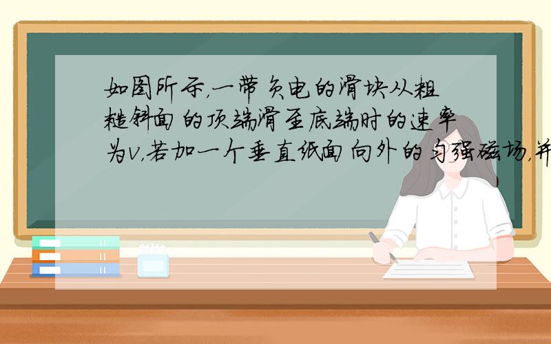 如图所示，一带负电的滑块从粗糙斜面的顶端滑至底端时的速率为v，若加一个垂直纸面向外的匀强磁场，并保证滑块能滑至底端，则它