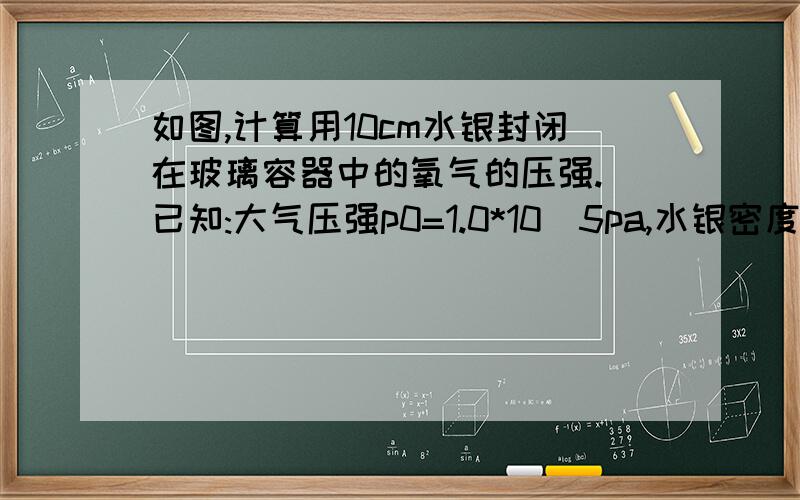 如图,计算用10cm水银封闭在玻璃容器中的氧气的压强.(已知:大气压强p0=1.0*10^5pa,水银密度ρ汞=13.6