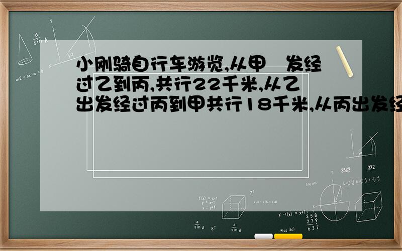 小刚骑自行车游览,从甲岀发经过乙到丙,共行22千米,从乙出发经过丙到甲共行18千米,从丙出发经过甲