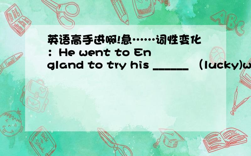 英语高手进啊!急……词性变化：He went to England to try his ______ （lucky)w