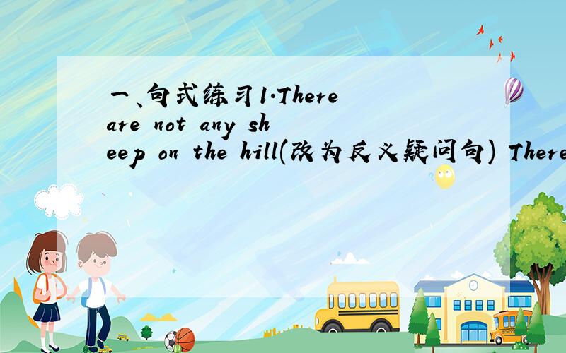 一、句式练习1.There are not any sheep on the hill(改为反义疑问句) There a