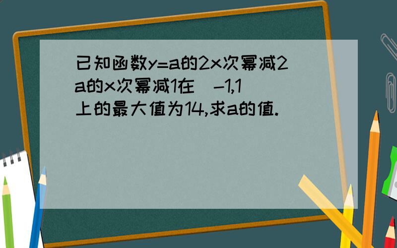 已知函数y=a的2x次幂减2a的x次幂减1在[-1,1]上的最大值为14,求a的值.