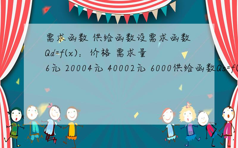 需求函数 供给函数设需求函数Qd=f(x)：价格 需求量6元 20004元 40002元 6000供给函数Qs=f(x)