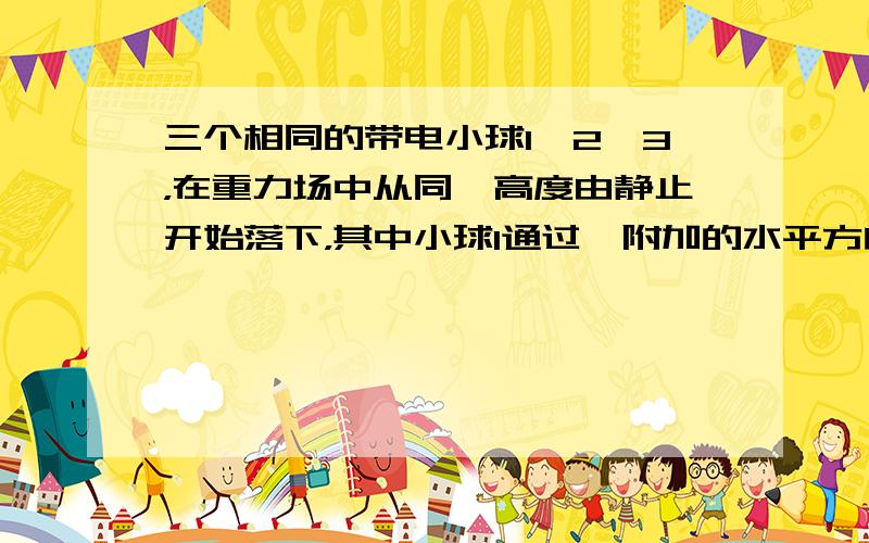 三个相同的带电小球1、2、3，在重力场中从同一高度由静止开始落下，其中小球1通过一附加的水平方向匀强电场，小球2通过一附