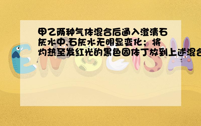 甲乙两种气体混合后通入澄清石灰水中,石灰水无明显变化；将灼热至发红光的黑色固体丁放到上述混合气体中,丁燃烧生成新的气体丙