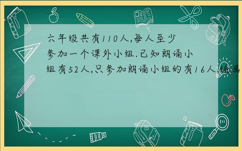 六年级共有110人,每人至少参加一个课外小组.已知朗诵小组有52人,只参加朗诵小组的有16人,绘画小组61人