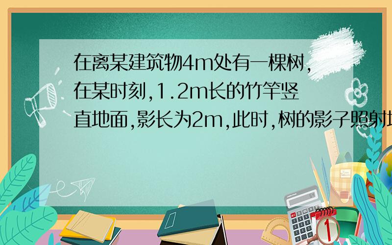 在离某建筑物4m处有一棵树,在某时刻,1.2m长的竹竿竖直地面,影长为2m,此时,树的影子照射地面,