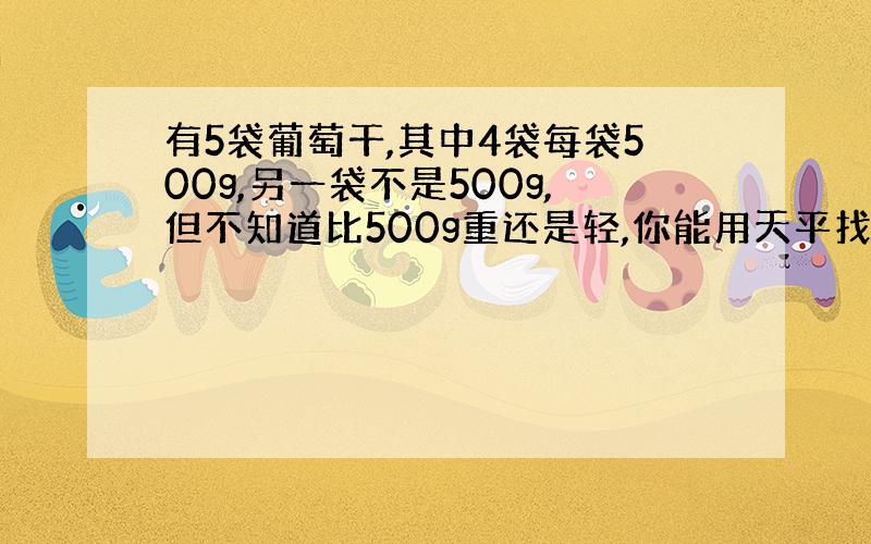 有5袋葡萄干,其中4袋每袋500g,另一袋不是500g,但不知道比500g重还是轻,你能用天平找出来吗?