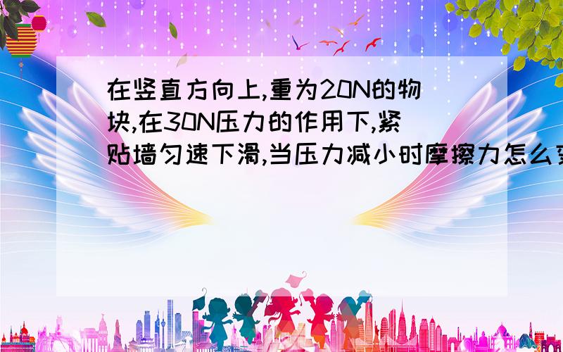 在竖直方向上,重为20N的物块,在30N压力的作用下,紧贴墙匀速下滑,当压力减小时摩擦力怎么变?