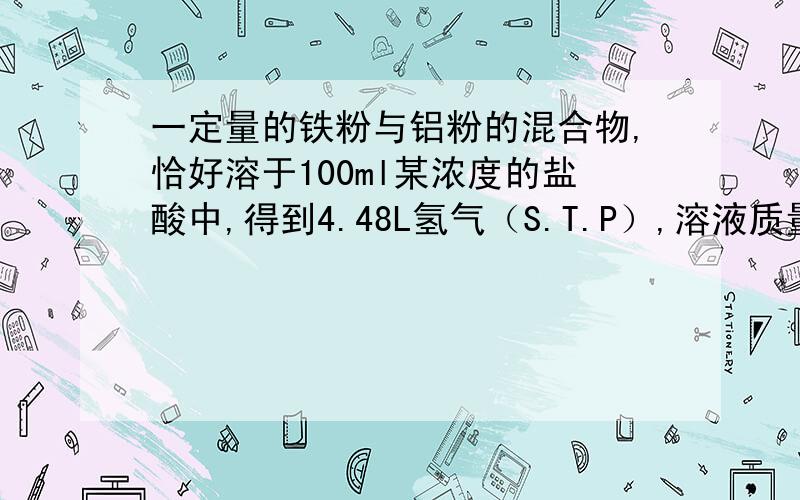 一定量的铁粉与铝粉的混合物,恰好溶于100ml某浓度的盐酸中,得到4.48L氢气（S.T.P）,溶液质量较反应前增加了5