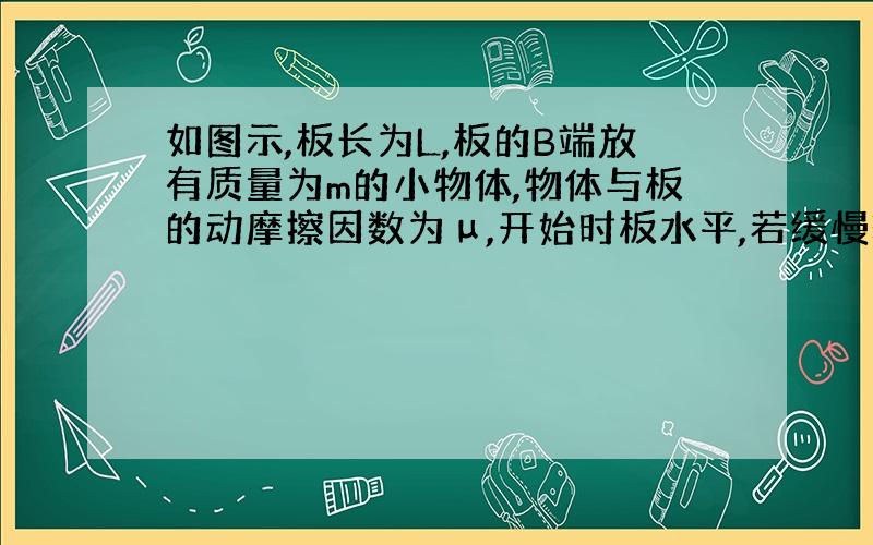 如图示,板长为L,板的B端放有质量为m的小物体,物体与板的动摩擦因数为μ,开始时板水平,若缓慢转过