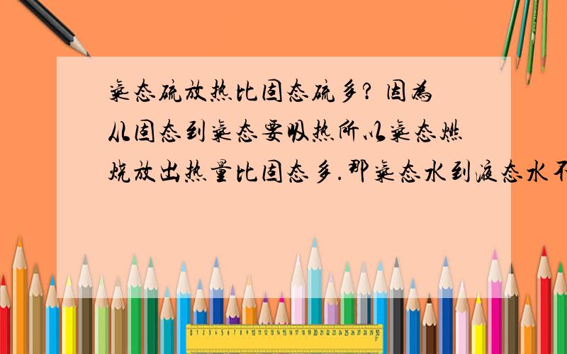 气态硫放热比固态硫多? 因为从固态到气态要吸热所以气态燃烧放出热量比固态多.那气态水到液态水不能用?