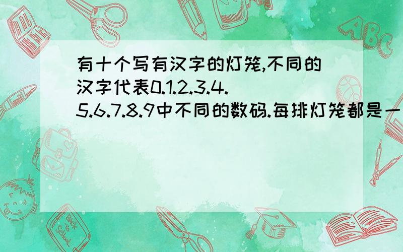 有十个写有汉字的灯笼,不同的汉字代表0.1.2.3.4.5.6.7.8.9中不同的数码.每排灯笼都是一个平方数