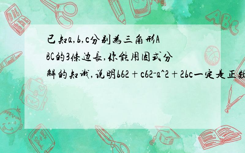 已知a,b,c分别为三角形ABC的3条边长,你能用因式分解的知识,说明b62+c62-a^2+2bc一定是正数吗?