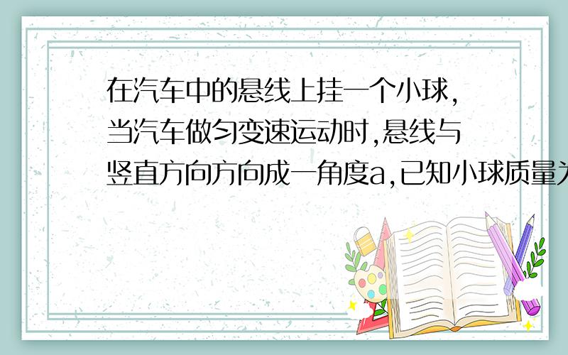 在汽车中的悬线上挂一个小球,当汽车做匀变速运动时,悬线与竖直方向方向成一角度a,已知小球质量为m(1)求汽