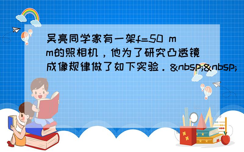 吴亮同学家有一架f=50 mm的照相机，他为了研究凸透镜成像规律做了如下实验。  