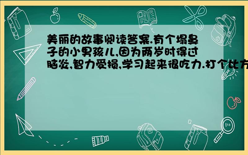 美丽的故事阅读答案.有个塌鼻子的小男孩儿,因为两岁时得过脑炎,智力受损,学习起来很吃力.打个比方,别人写作文能写二三百字